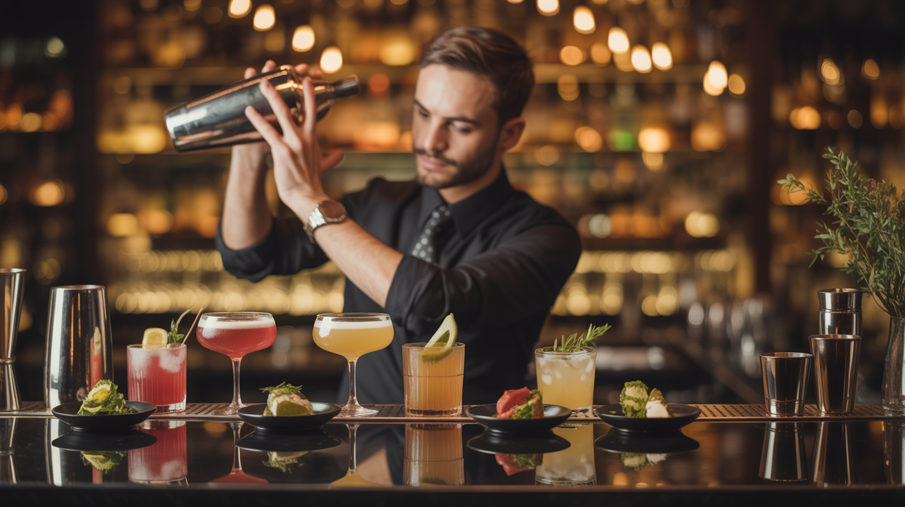 Mixologist crafting cocktails at a bar for the BarGPT cocktail generator