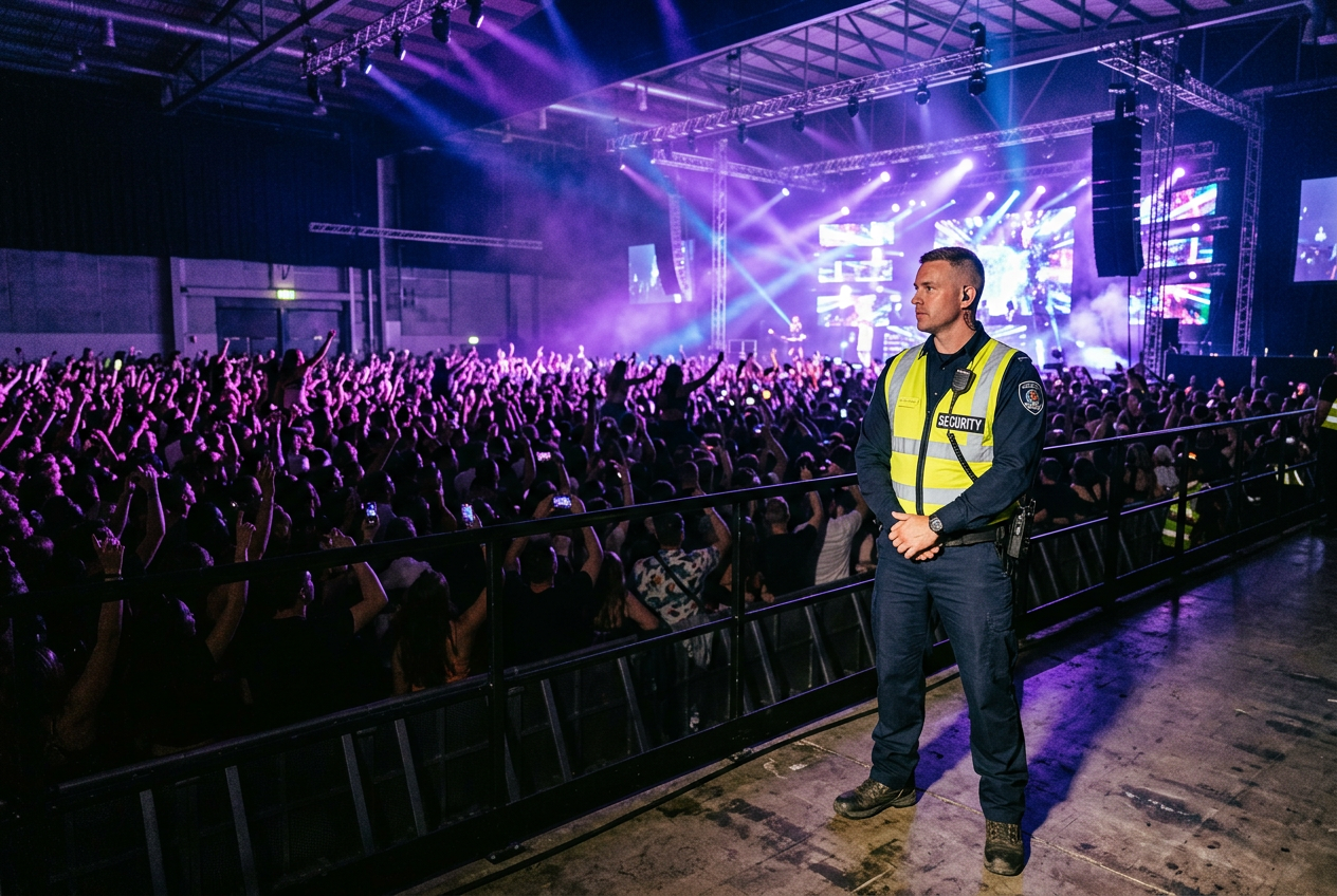 Large crowded indoor event venue with stage lighting and security professional providing fire watch