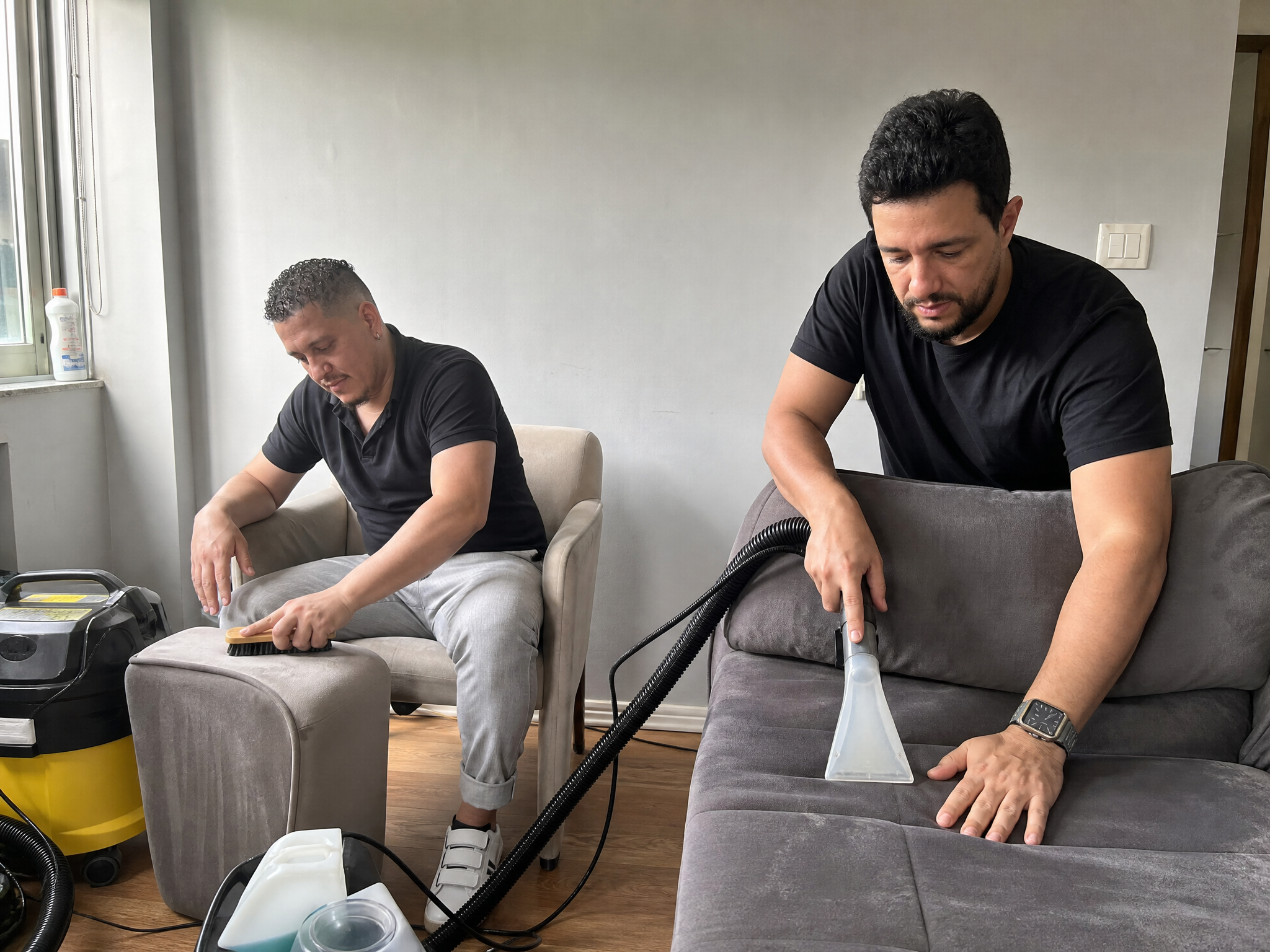 Dupla da Mk Clean trabalhando na higienização de sofá e poltrona na sala do cliente