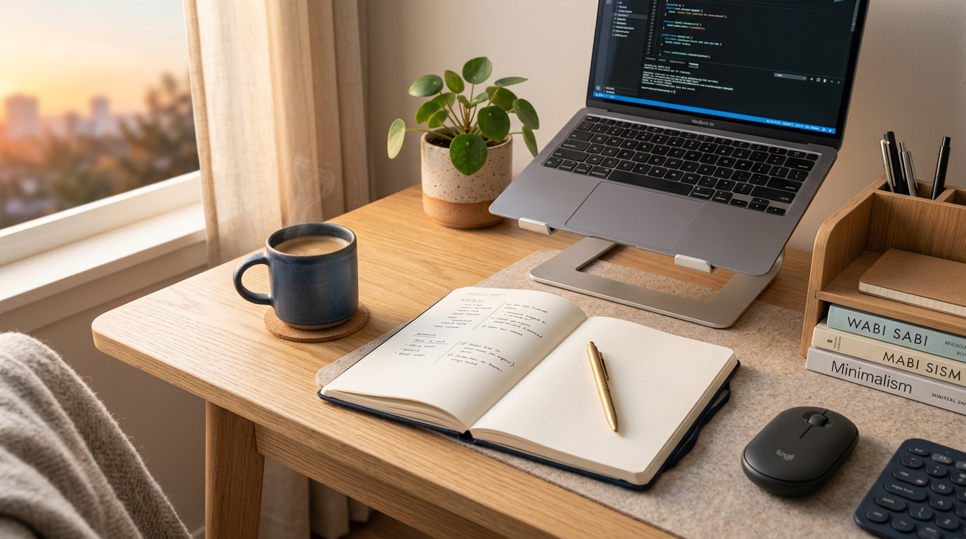 Setup de mesa organizado com café e diário representando micro-hábitos matinais