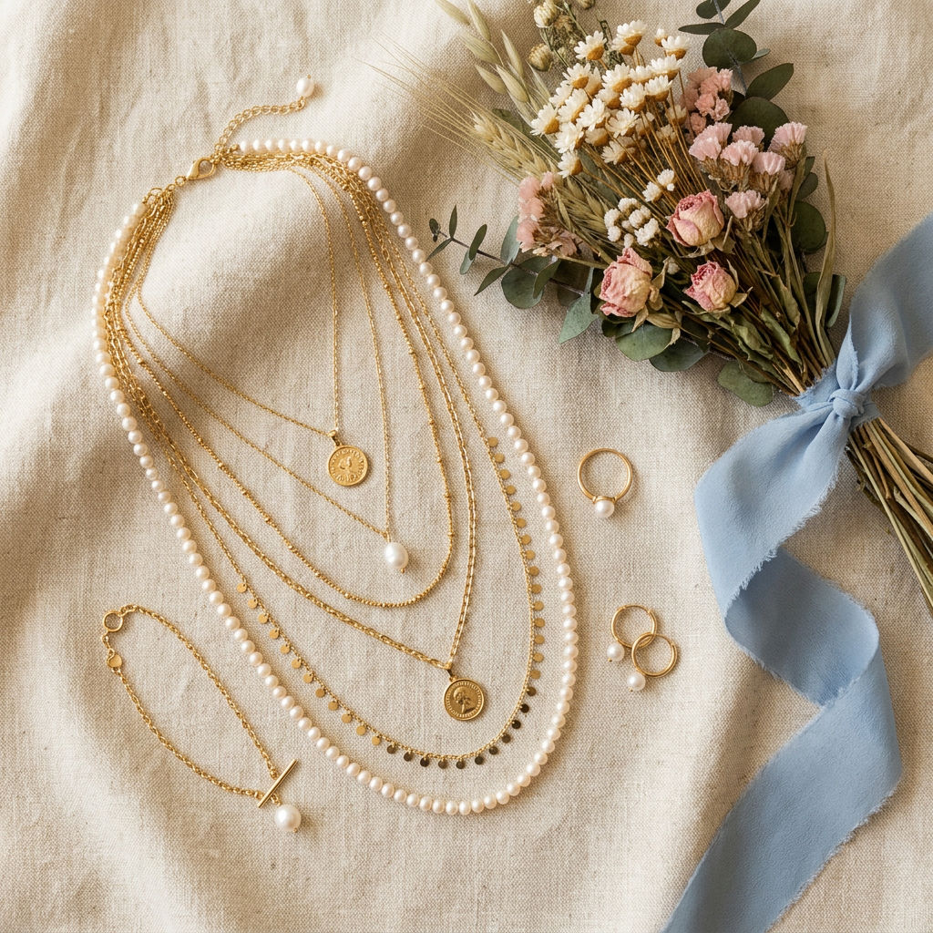 Flat-lay of layered gold necklaces and pearls with dried flowers