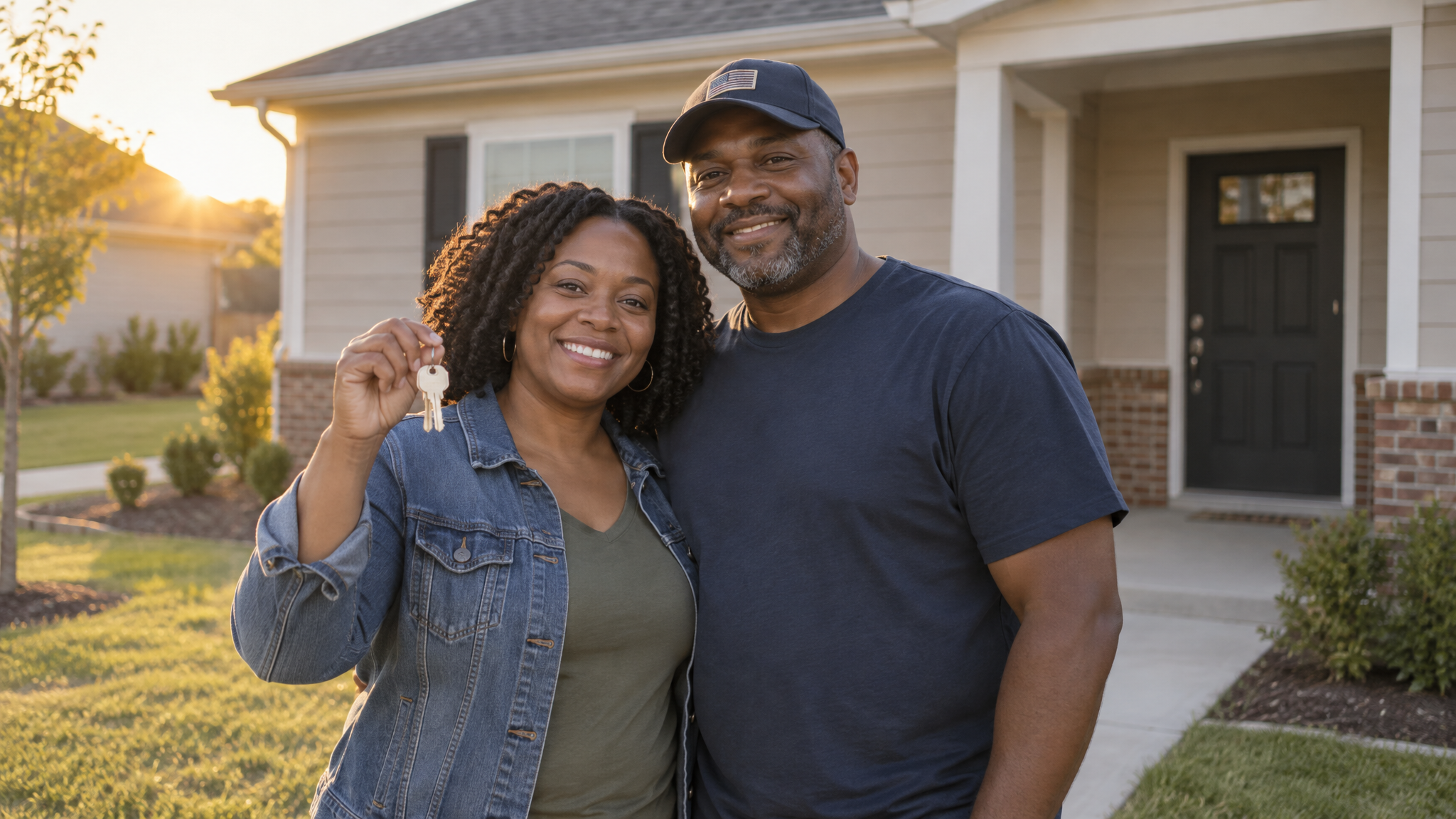 Down payment paid off: a veteran couple holding the keys to their new home