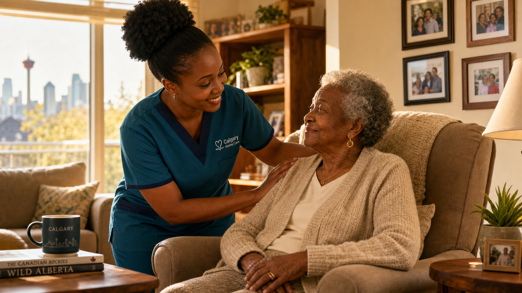SwyftCare caregiver providing compassionate home care to an elderly African woman in Calgary