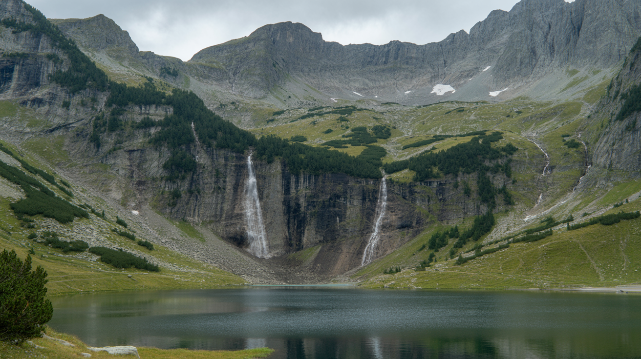 Unterer Gaisalpsee bei Oberstdorf - Spektakulärer Bergsee in Karmulde mit Gaisalpbach-Wasserfall und dramatischer Bergkulisse im Allgäu