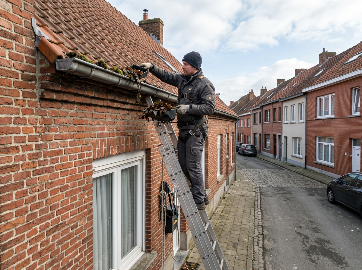 Professional cleaning gutters on a house