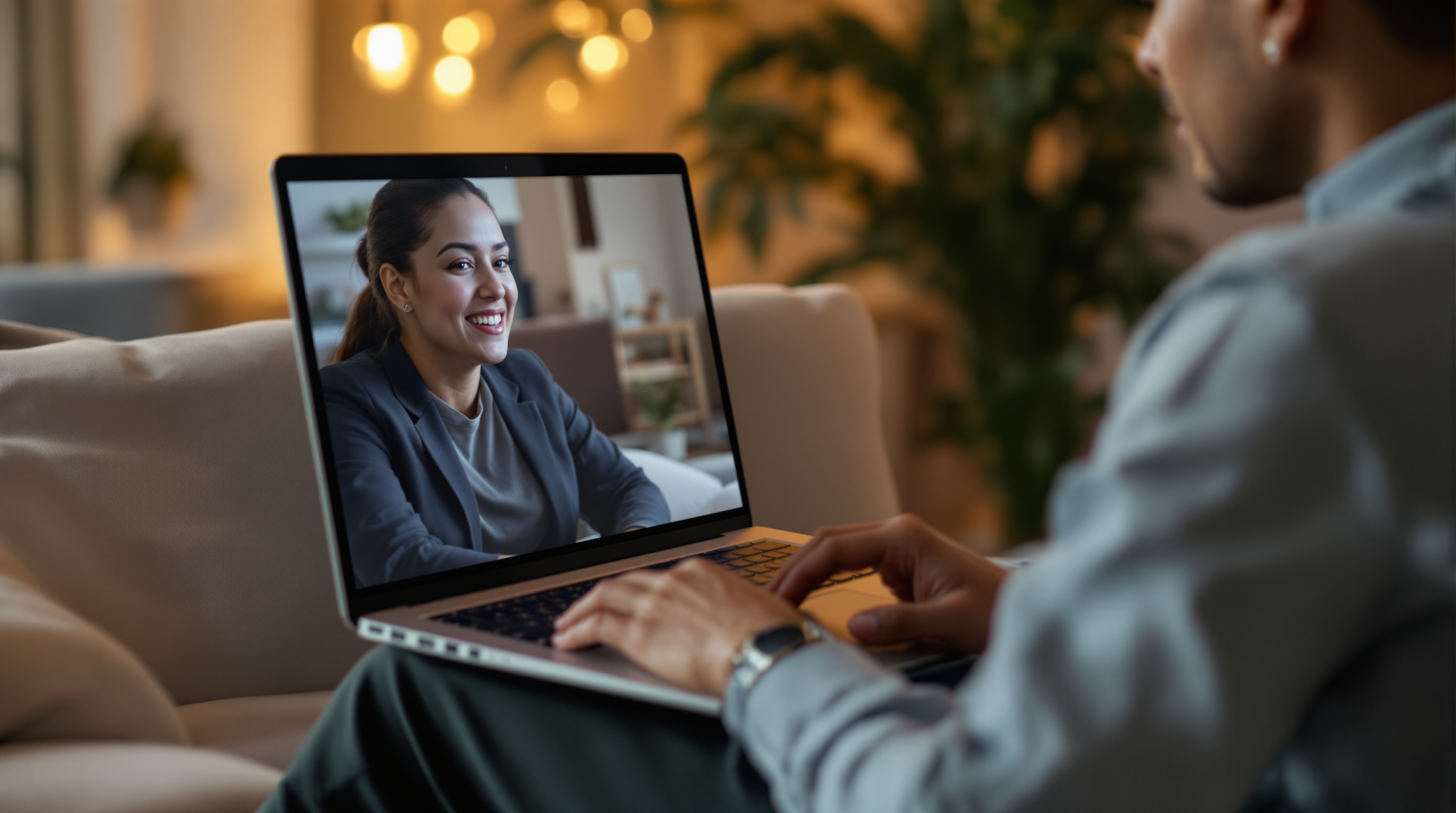 Man having a video call on a laptop, smiling and connecting with another person online