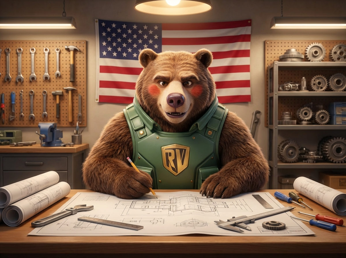 Tank the armored bear in his green RV vest designing The RV Fuel Vault blueprints in his workshop with an American flag