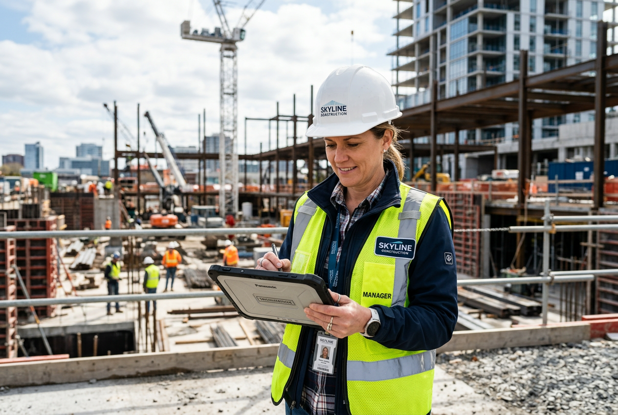Construction site manager using the IFC Relay app on a tablet on an active job site