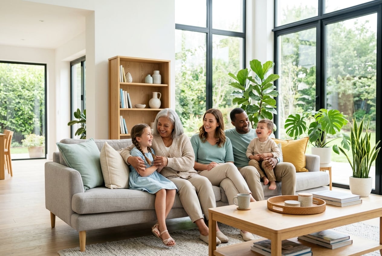 Healthy people breathing clean air in a bright modern indoor space