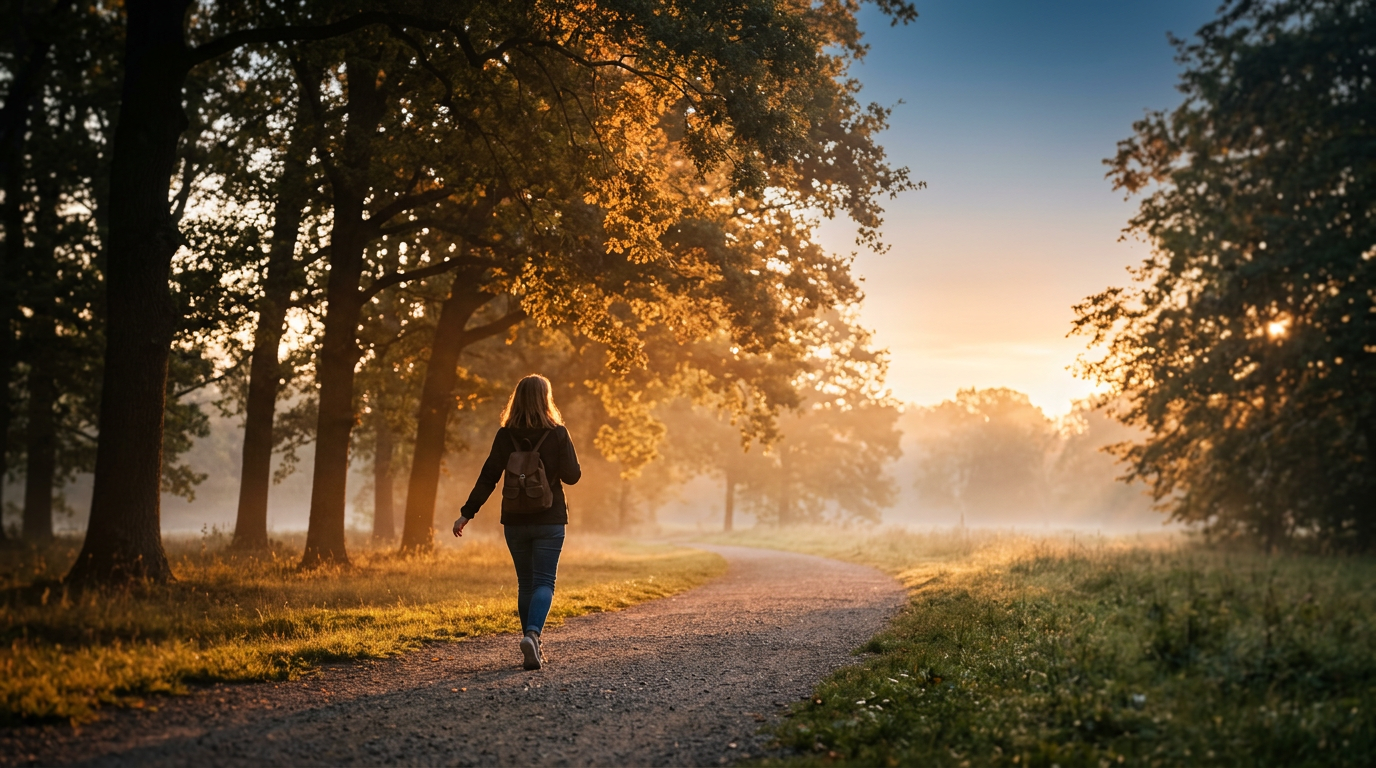 Pessoa caminhando sozinha em parque ao amanhecer com luz dourada do sol nascente