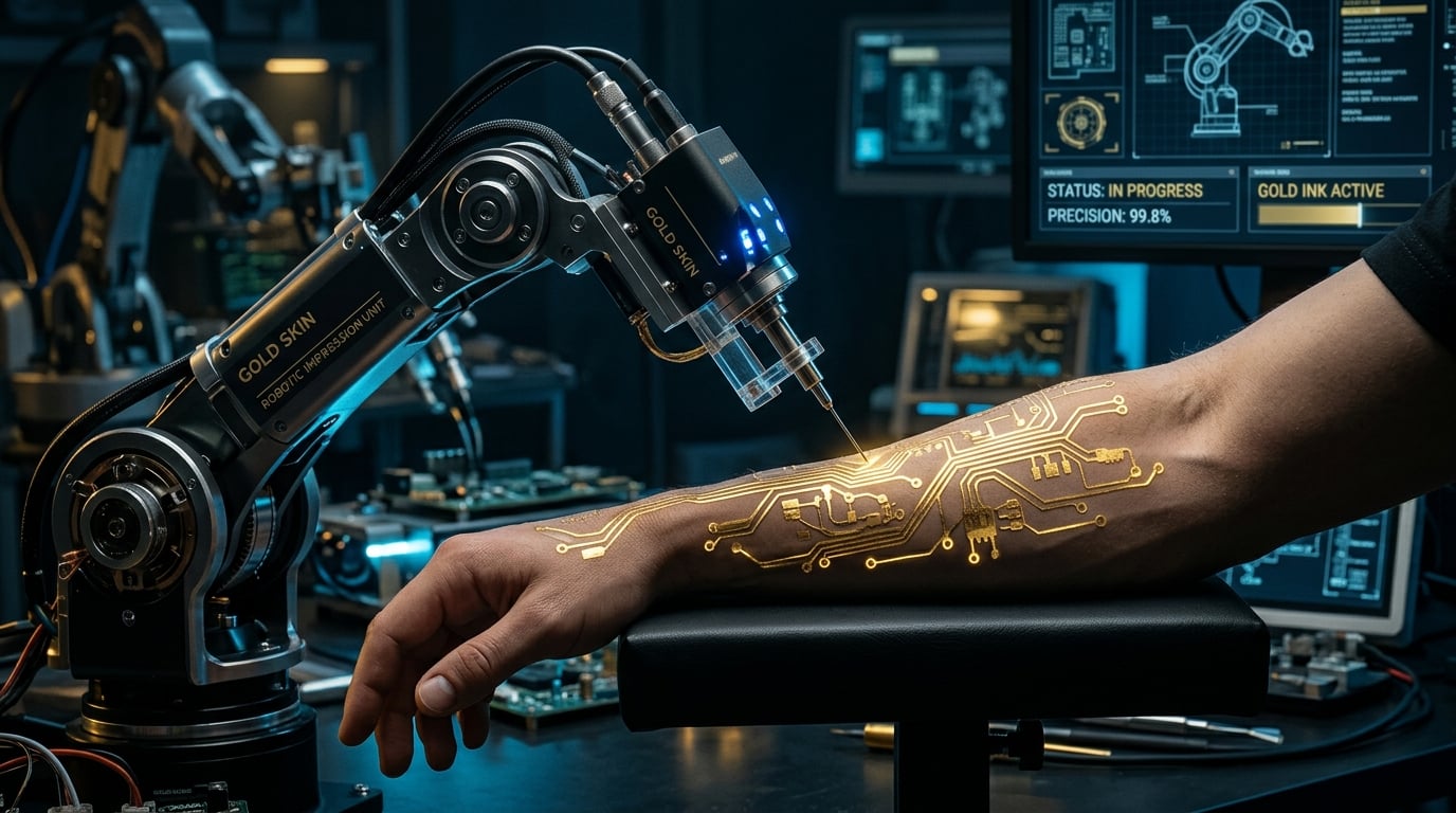 GoldSkin robotic tattoo arm with smart needle and safety sensors