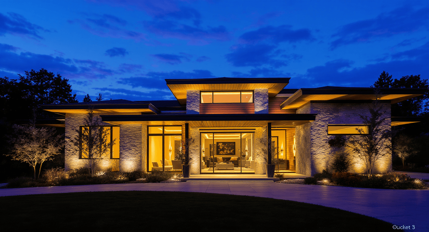 Elegant luxury home with warm lighting at golden hour