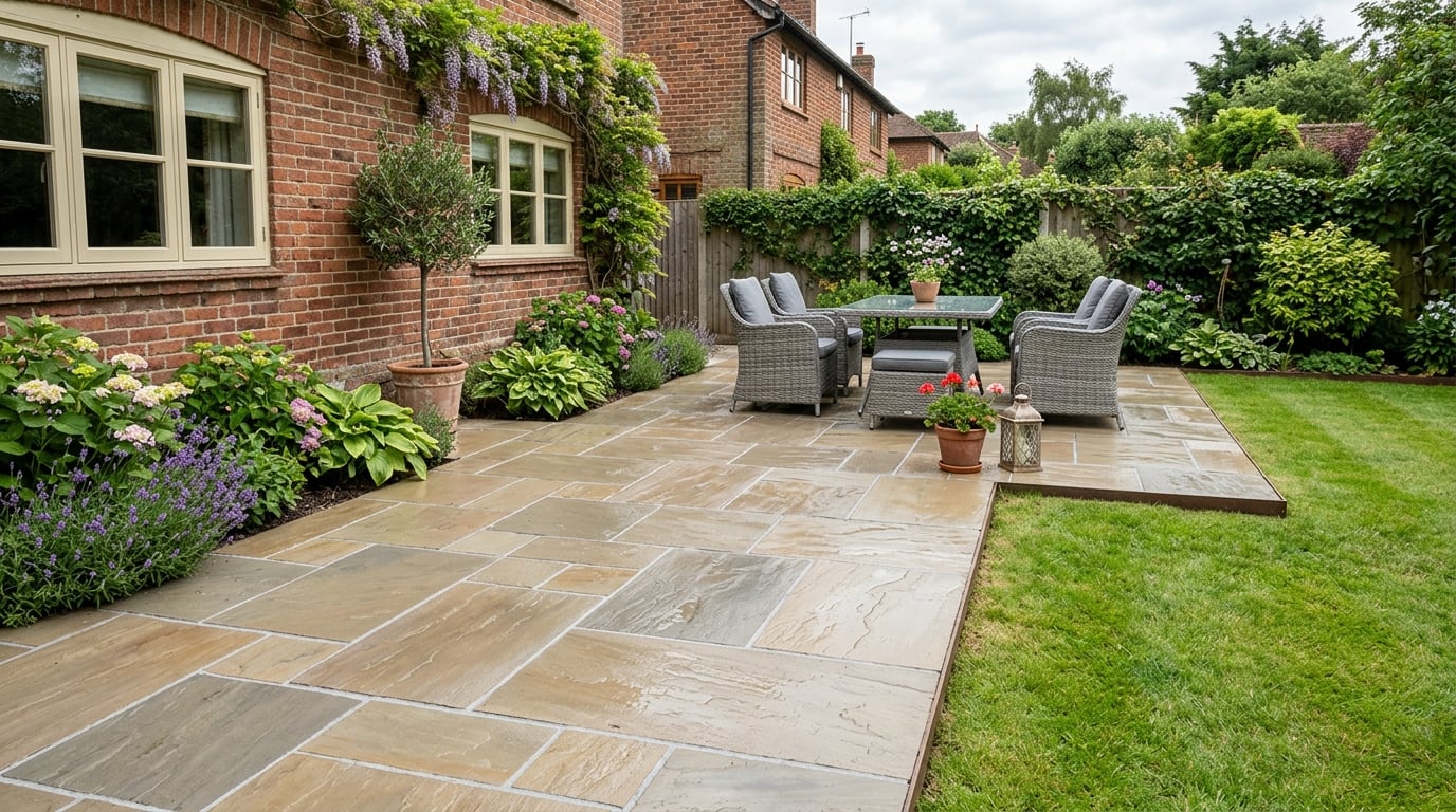 Cleaned and sealed Indian sandstone patio
