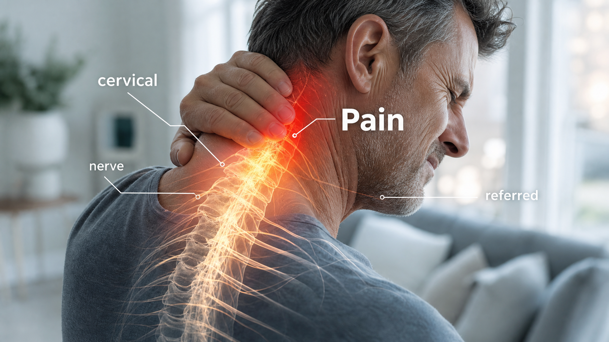 A mature man in a bright room holding the back of his neck, the upper cervical spine glowing warm amber with a red hotspot at the base of the skull
