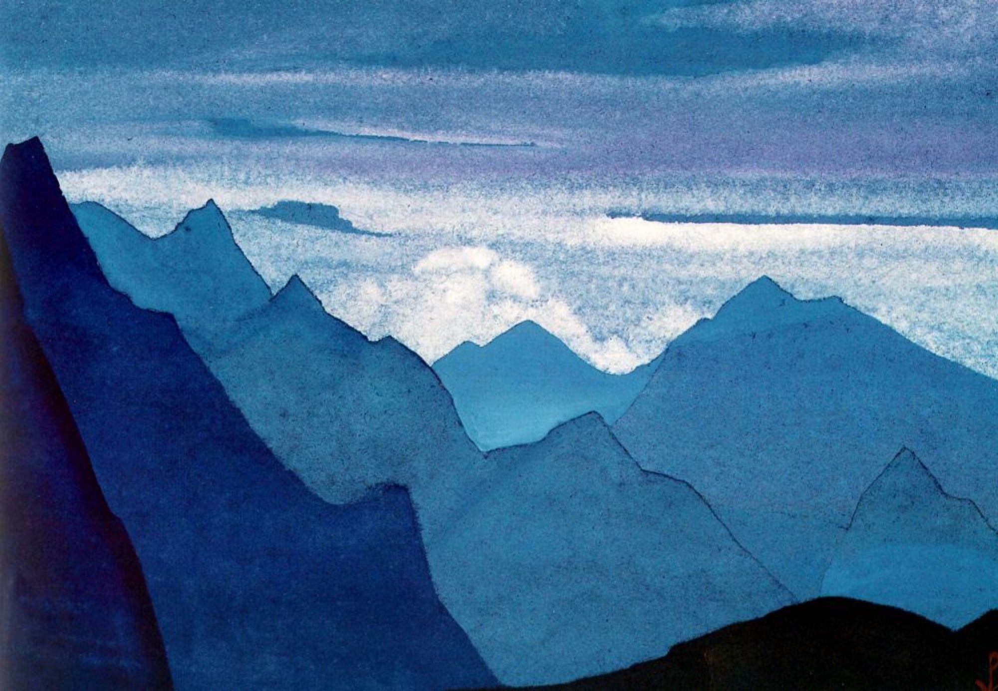 A Himalayan mountain range at dusk in deep blue and gold
