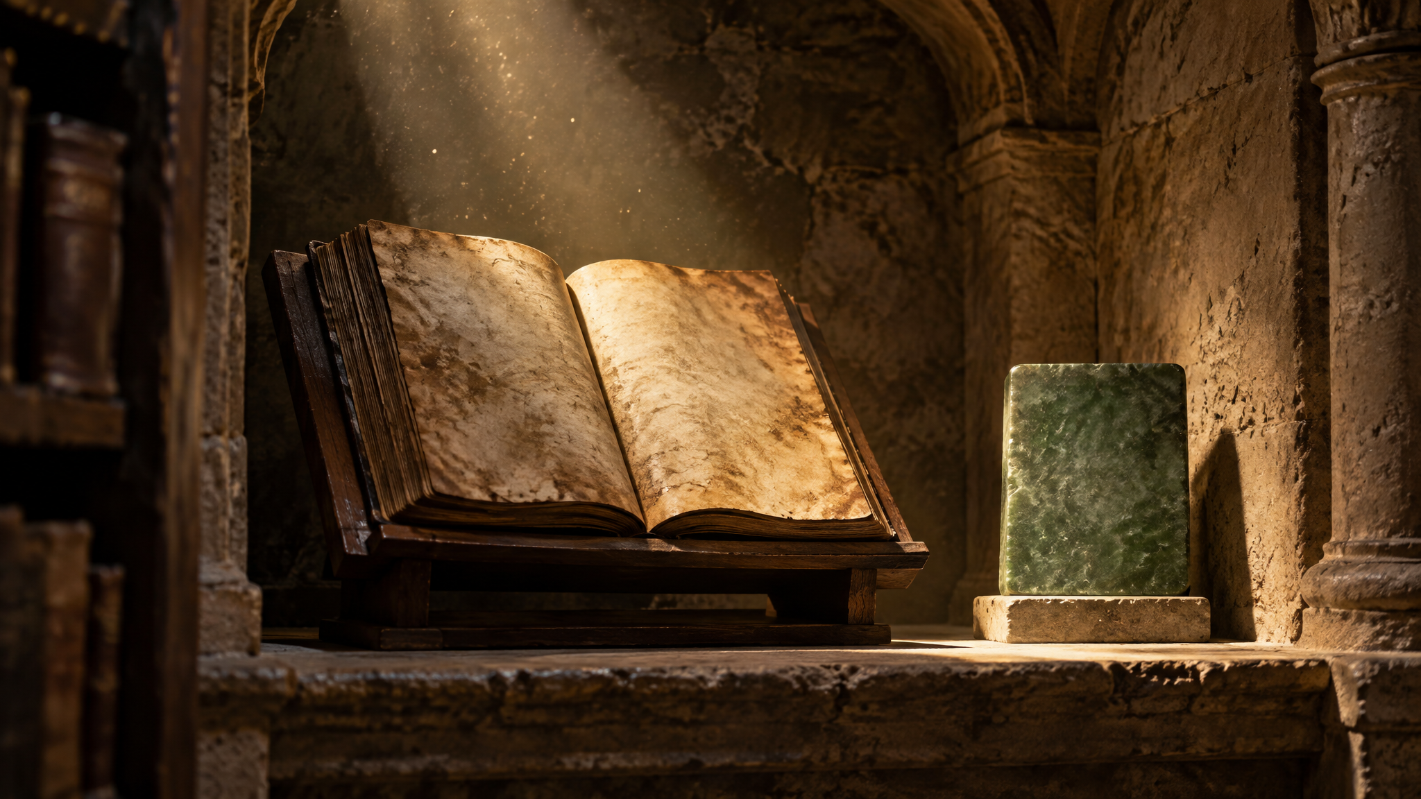 An ancient codex resting on a lectern in a stone niche