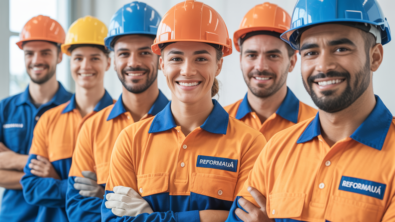 Equipe Reformauá com uniformes laranja e azul