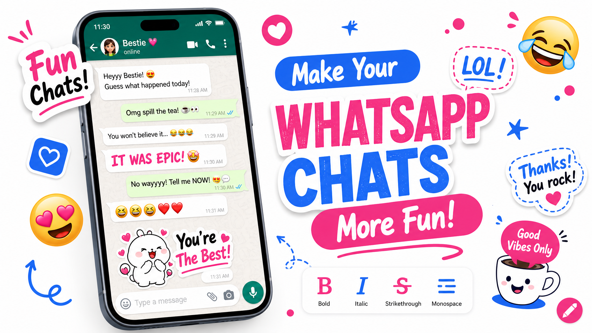 Pantalla de chat de WhatsApp llena de emojis, stickers de colores y texto con estilo sobre fondo claro