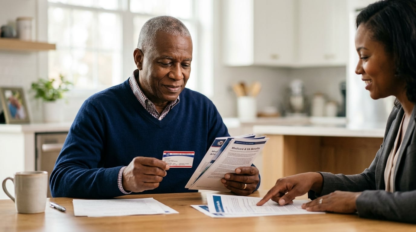 A senior African American male veteran reviewing a Medicare card and health paperwork with a friendly benefits advisor at a bright kitchen table