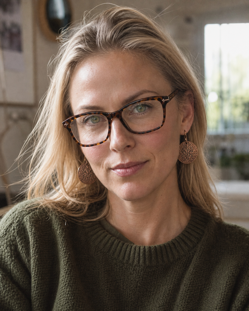 Elizabeth Groch wearing the Oaxaca Coin earrings