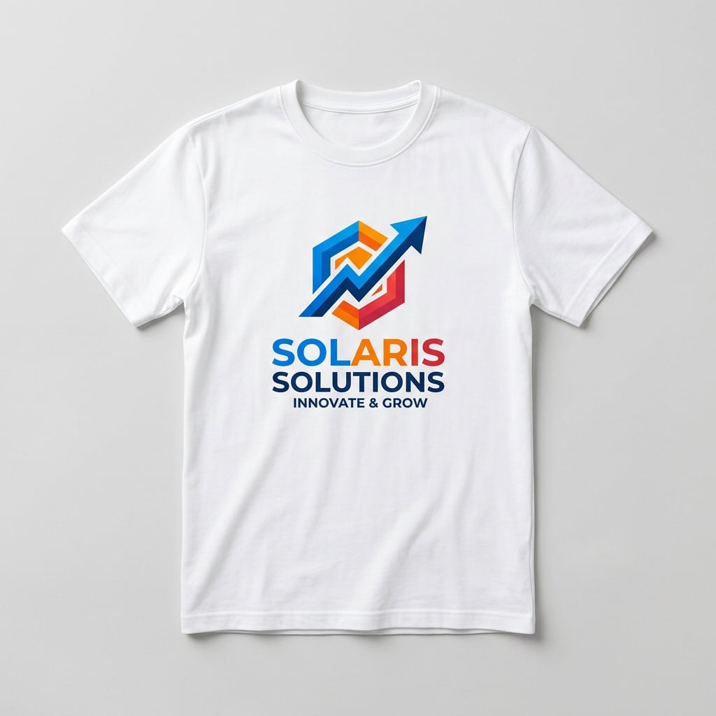 Bold colorful company logo DTF transfer on white t-shirt