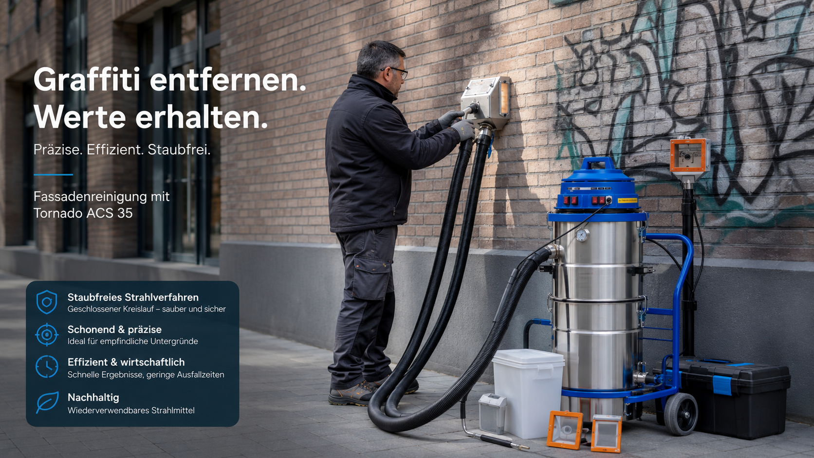 Chemiefreie Graffiti-Entfernung mit dem Tornado ACS Vakuum-Strahlverfahren