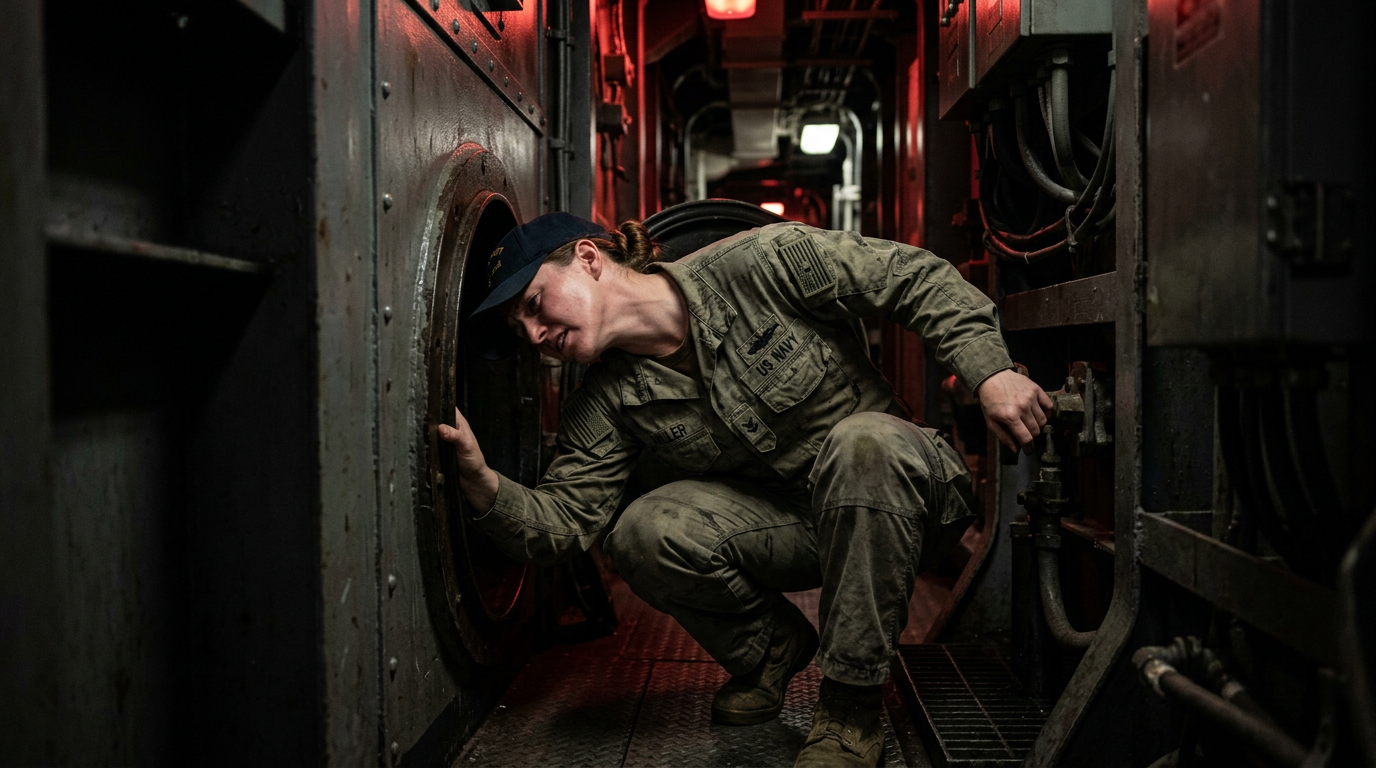 A white woman U.S. Navy sailor in coveralls ducking and twisting her neck at an awkward angle to pass through a low, narrow steel shipboard hatch in a dimly lit passageway at sea