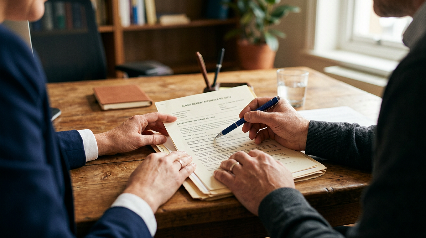 An accredited VA claims agent reviewing benefit paperwork with a veteran