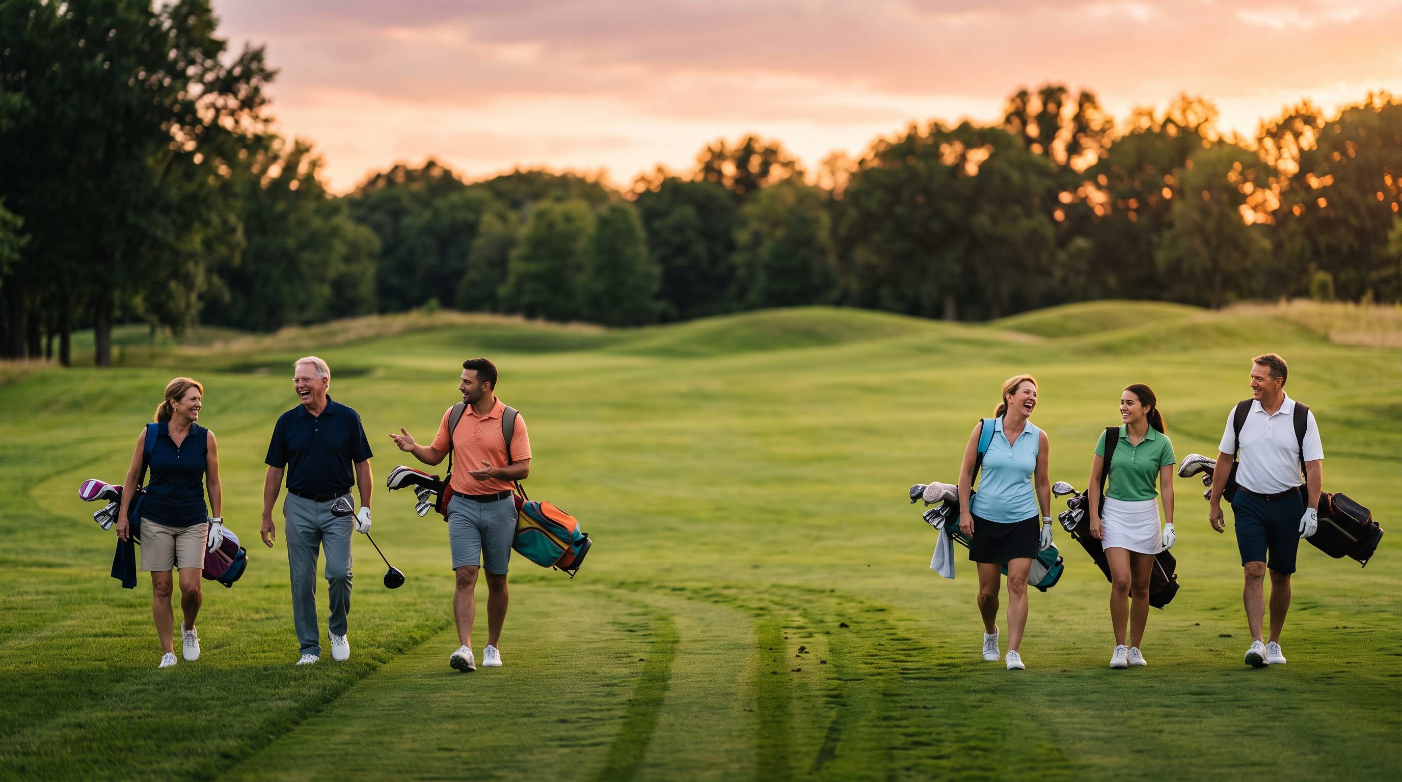 Group of golfers walking down a fairway together at golden hour