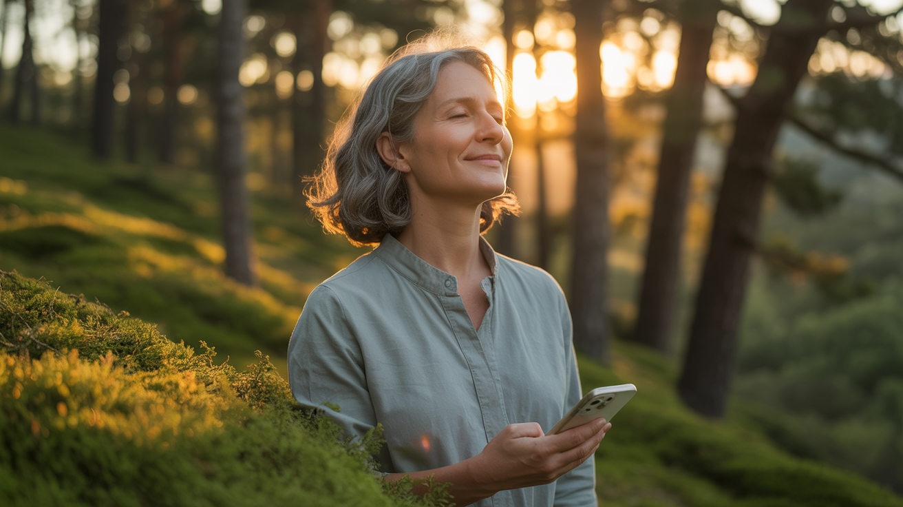 Žena u šumi u zlatnom času drži ugašen telefon, sa mekim zlatnim sjajem oko tela. Tehnologija i duhovnost kroz ženu u prirodi koja koristi telefon u stanju mira, simbol balansa između digitalnog sveta i unutrašnje svesti