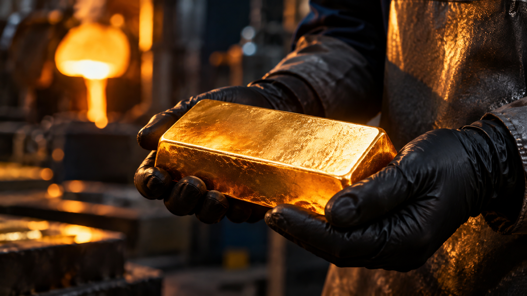 A freshly cast gold bar held in the refinery, symbolising value created in the DRC