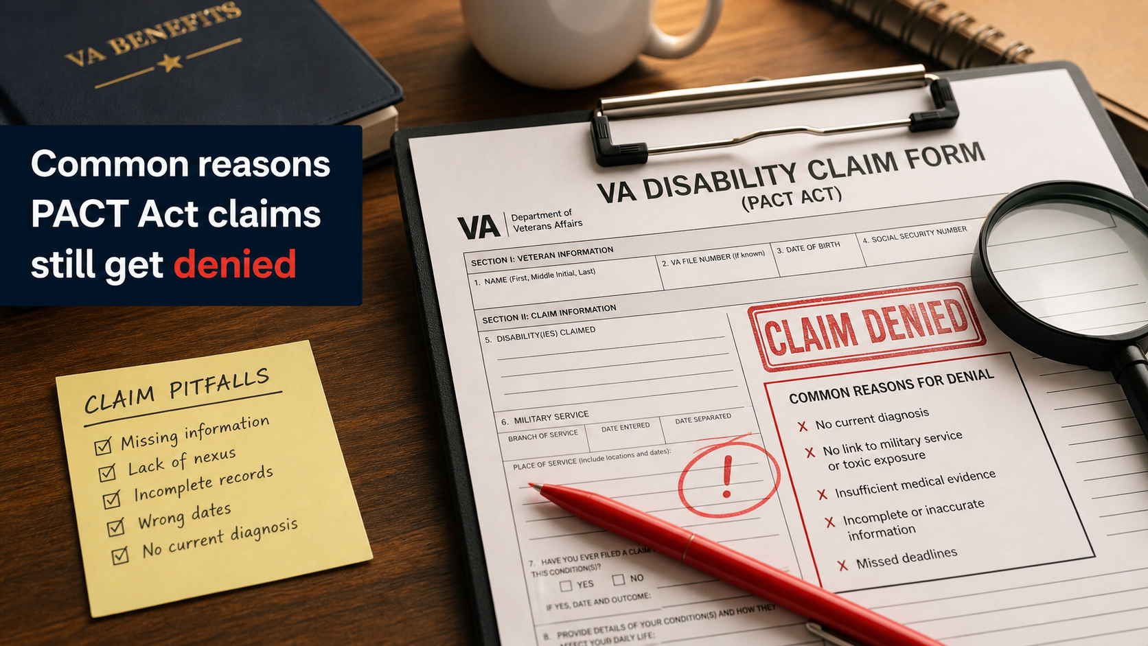 A VA disability claim form on a desk with a red pen circling a mistake and a magnifying glass, representing the common errors that cause claim denials