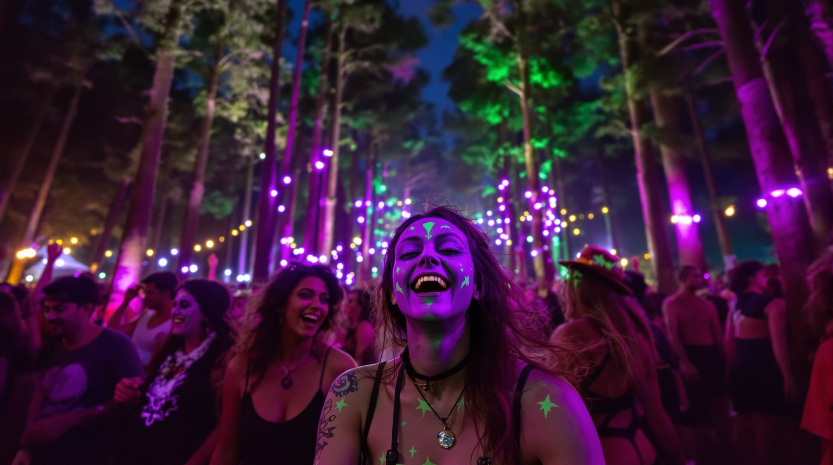 Festival-goers with alien face paint dancing under purple and green LED lights in the forest