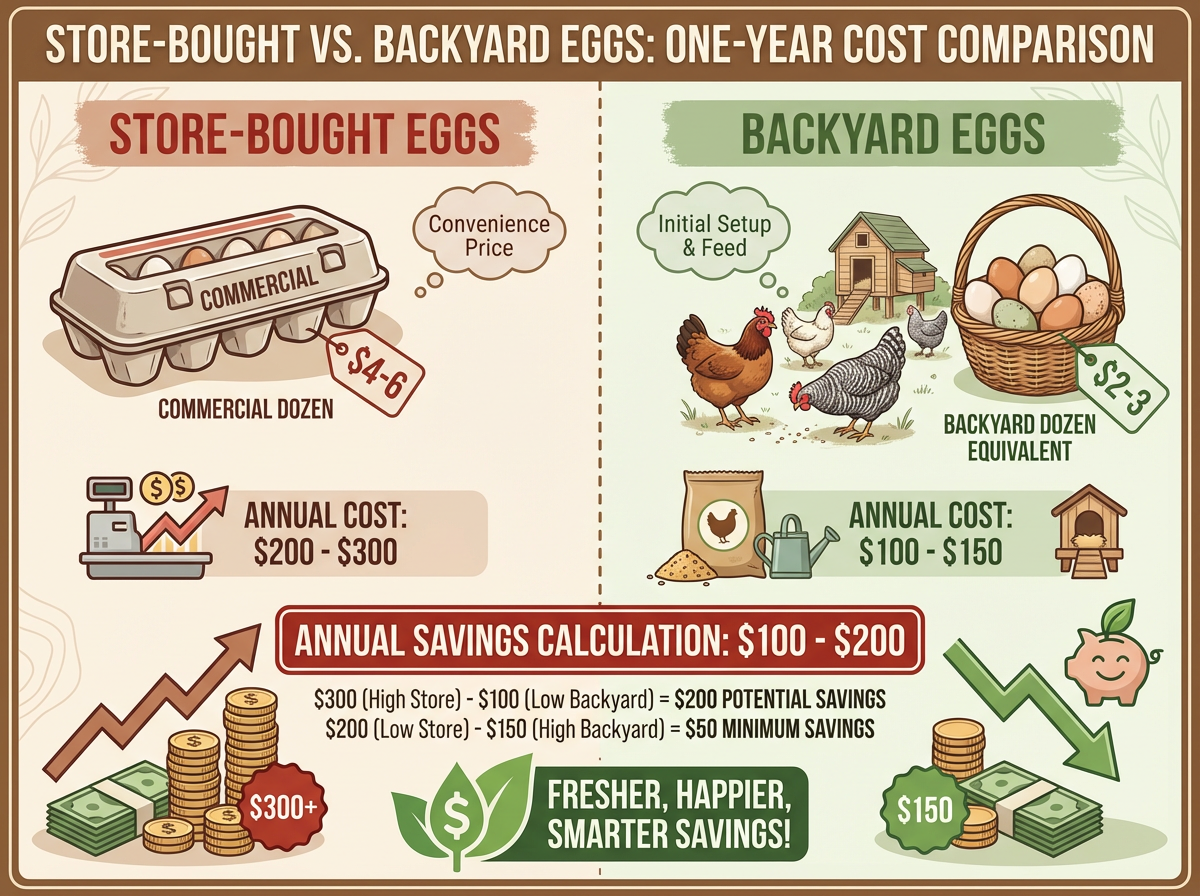 Side-by-side comparison of store-bought egg costs versus backyard egg costs over one year
