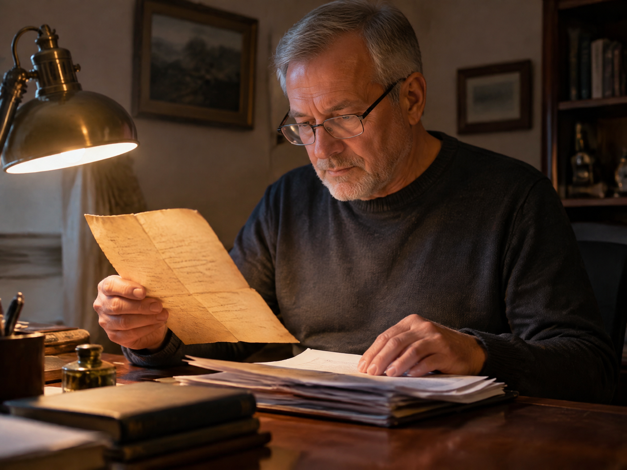 Veteran comparing an old decision letter against his records under a desk lamp