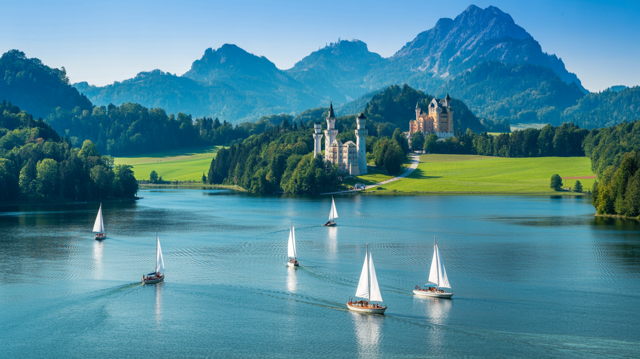 Forggensee bei Füssen - Deutschlands größter Stausee mit Blick auf Schloss Neuschwanstein und Segelbooten im Allgäu
