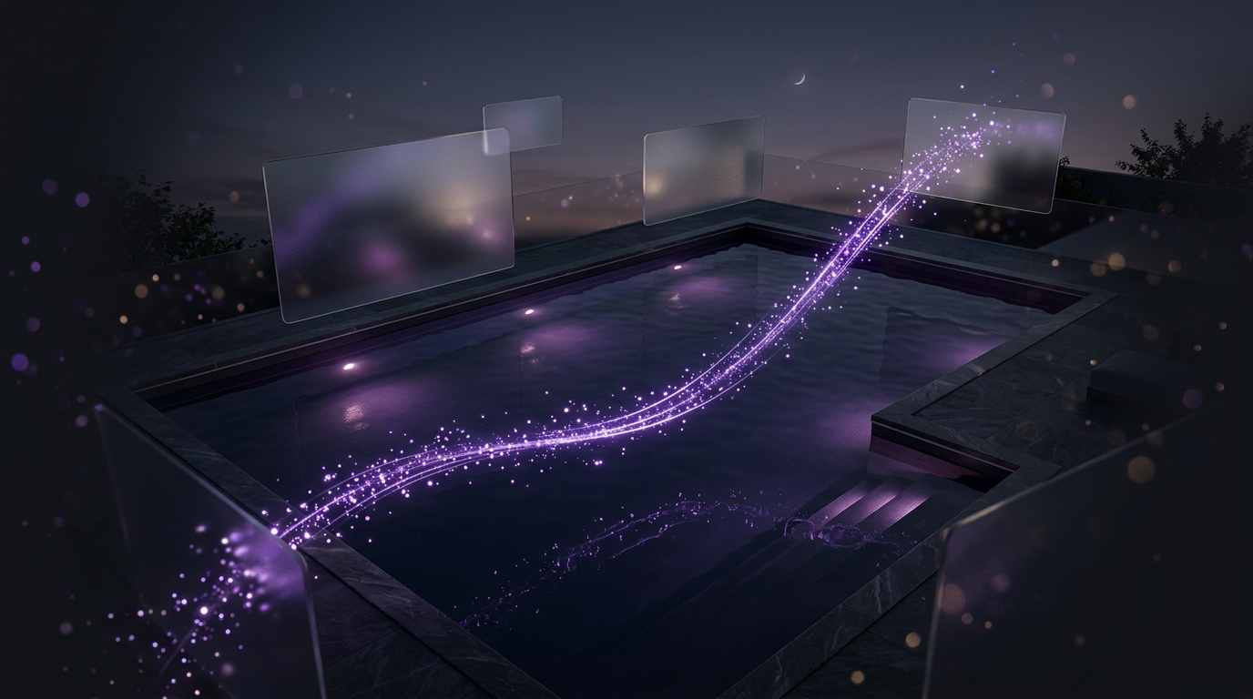 A premium swimming pool at dusk rendered abstractly in dark violet frosted glass, with a soft glowing upward growth curve reflecting on still water, representing steady long-term premium growth