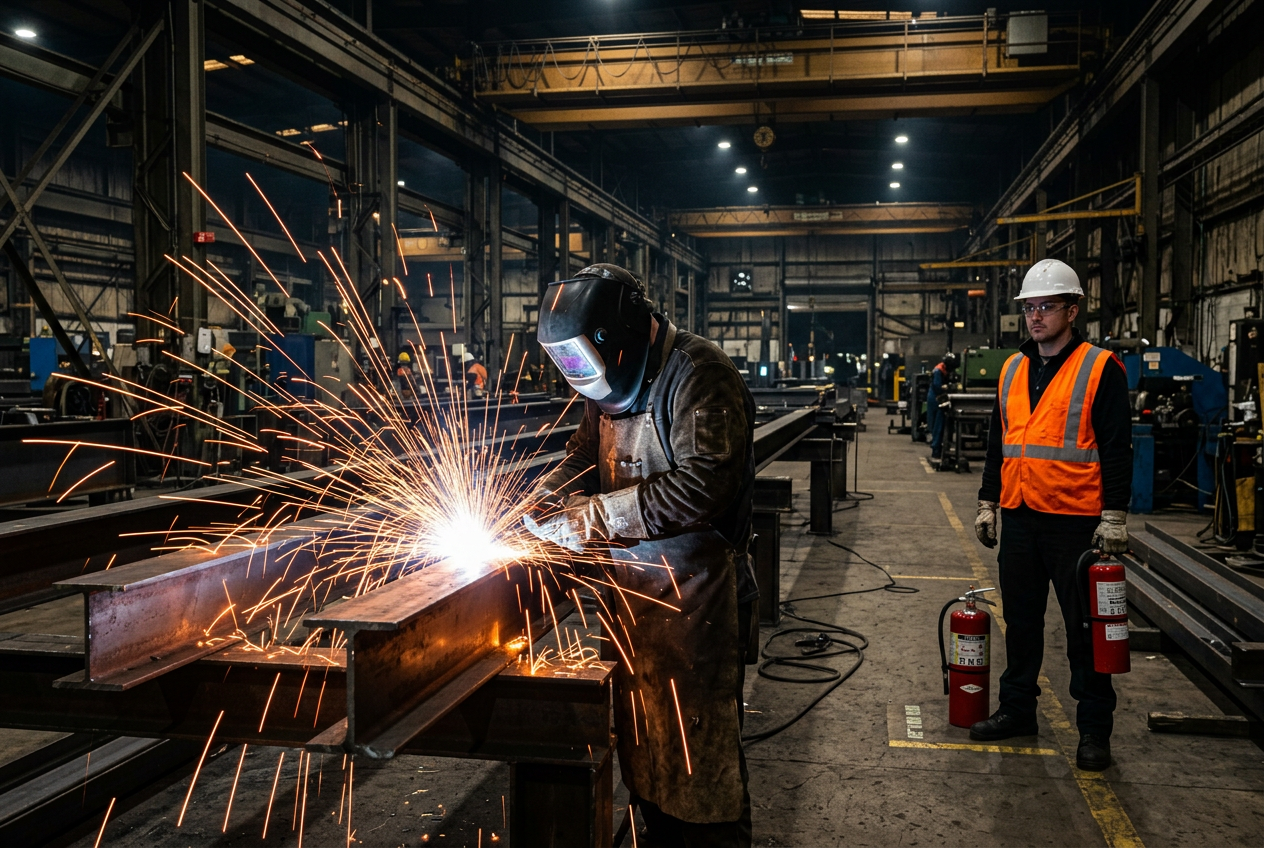 Industrial welder producing bright sparks with fire watch guard observing hot work operations