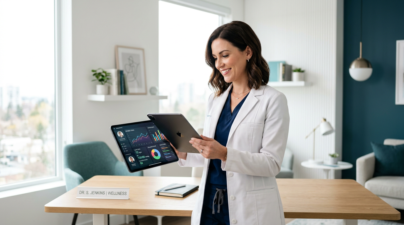 Médica analisando dados de saúde do paciente em um tablet no consultório