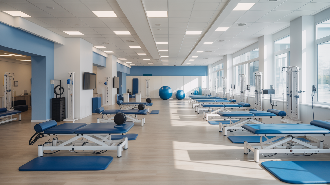 Modern physiotherapy clinic with professional equipment and blue accents