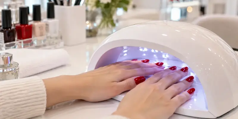 Unhas com esmalte em gel sendo curadas sob cabine de LED em salão de Sorocaba