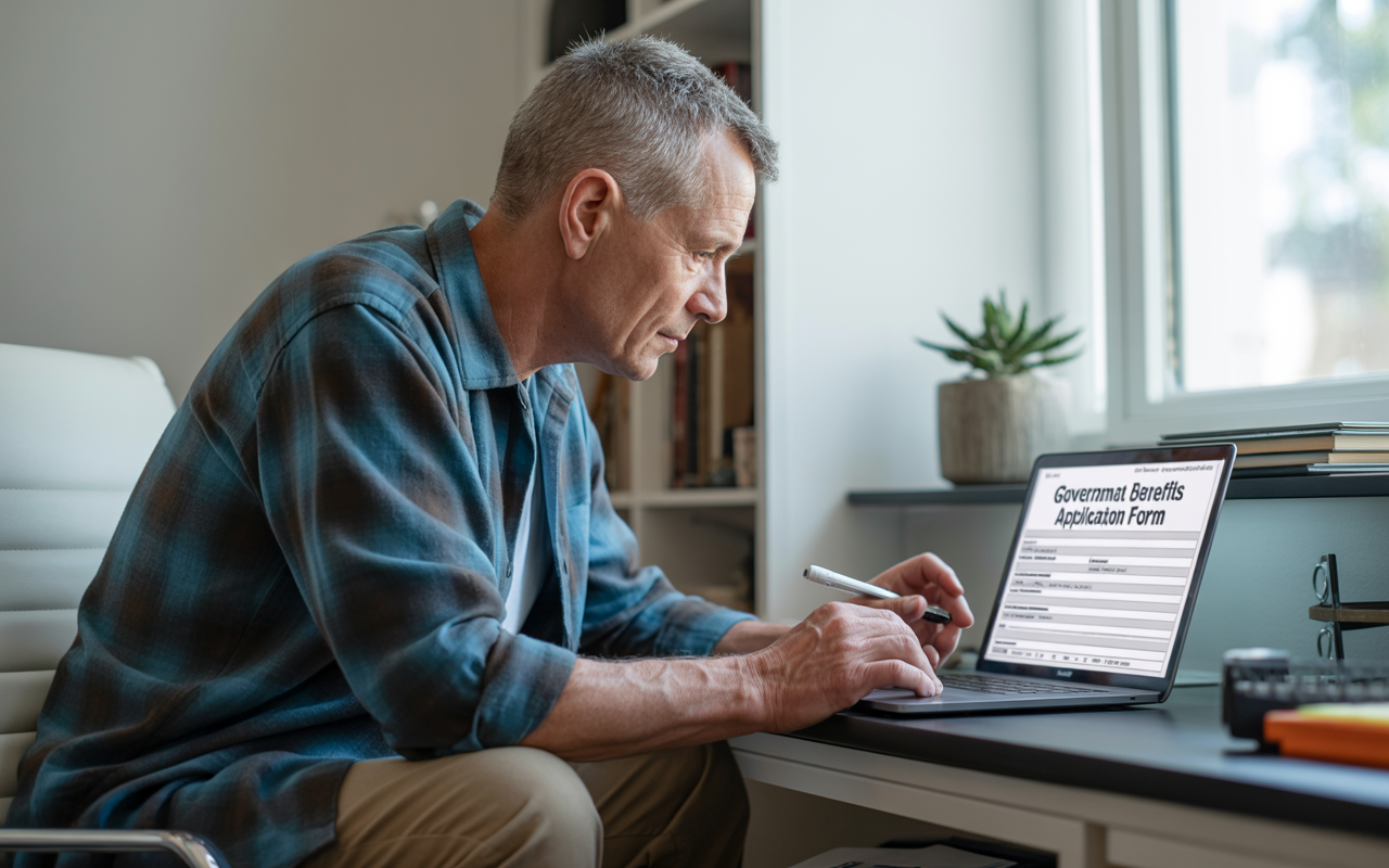 A veteran filling out a VA benefits application on a laptop at home