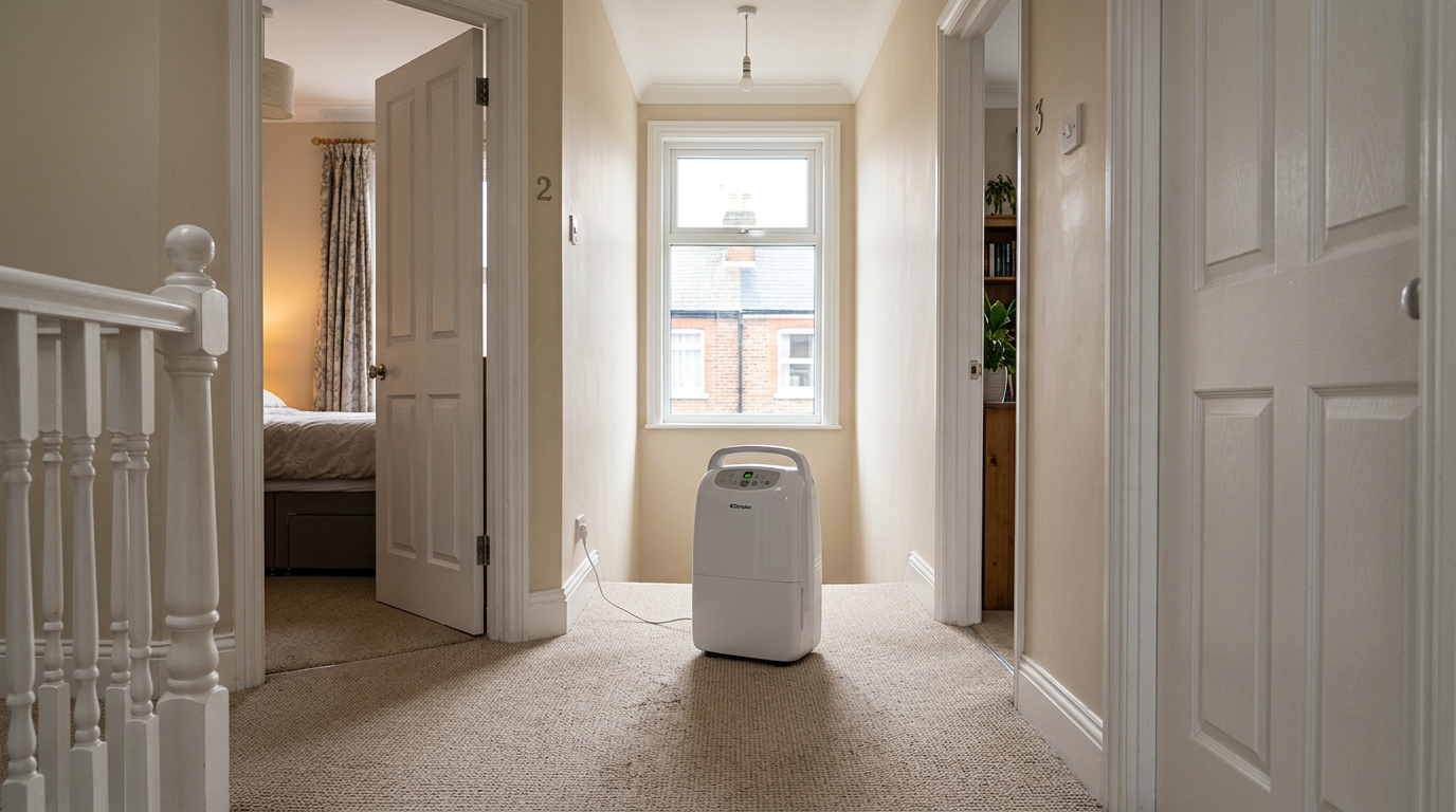 A white dehumidifier on the upstairs landing of a UK terraced house between two bedroom doors
