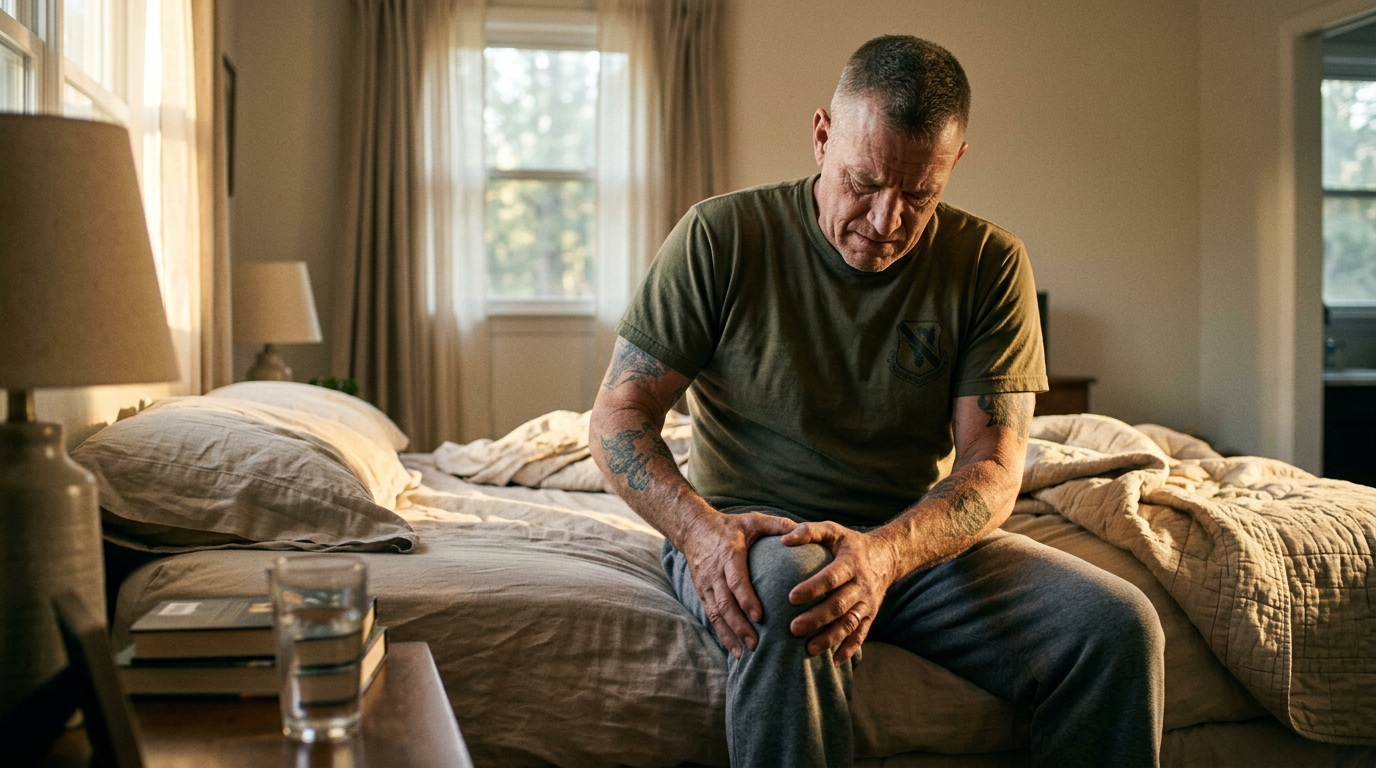 Photograph of a veteran sitting at the edge of a bed massaging a stiff knee first thing in the morning with warm light through the window