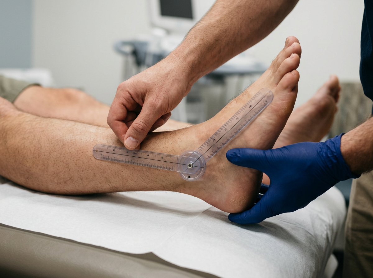 A close-up of a clinician's hands using a goniometer to measure ankle dorsiflexion on a patient's foot in a clinical setting