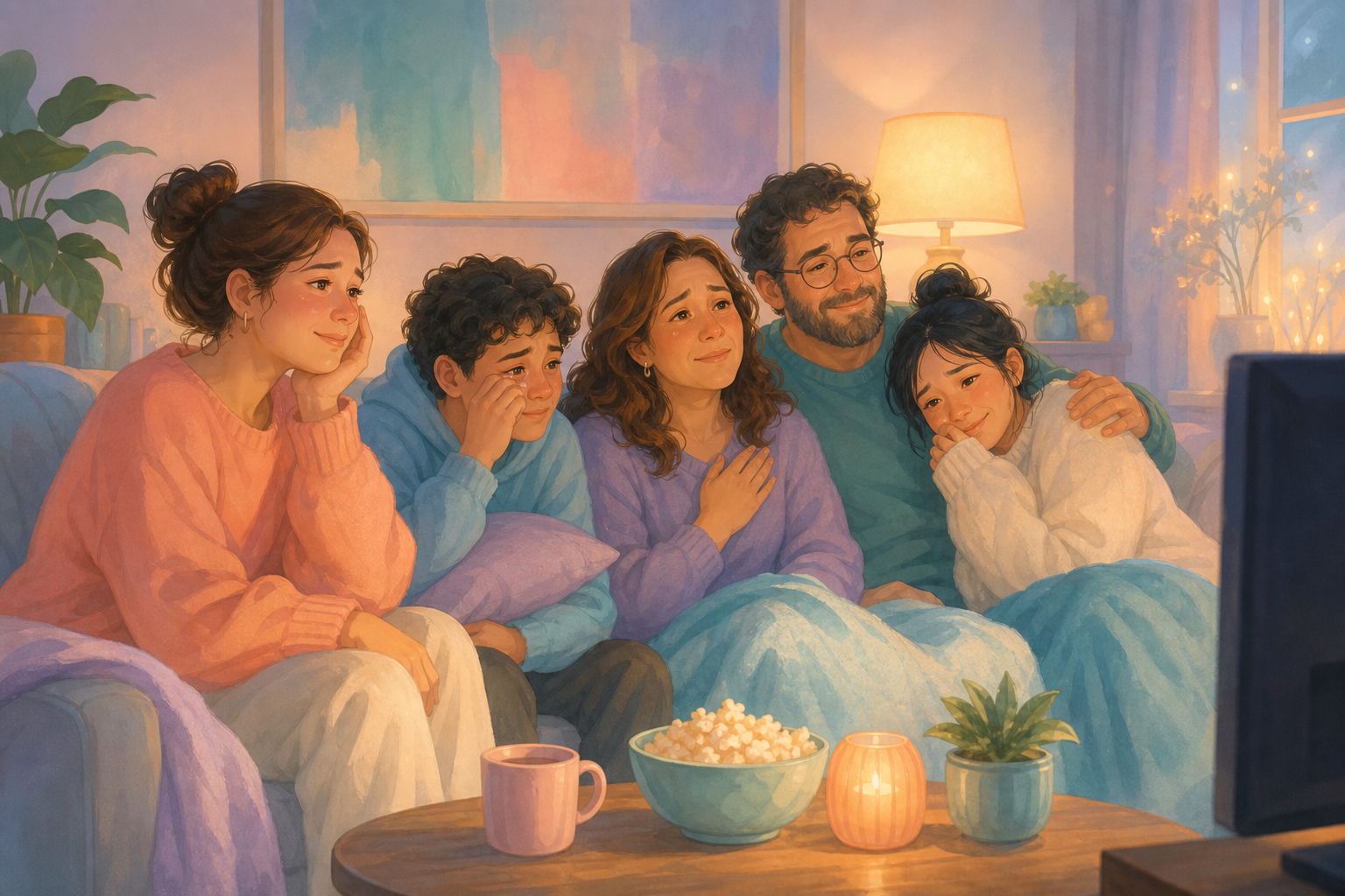 People watching television together on a sofa in soft lamplight, moved and connected by a compassionate story