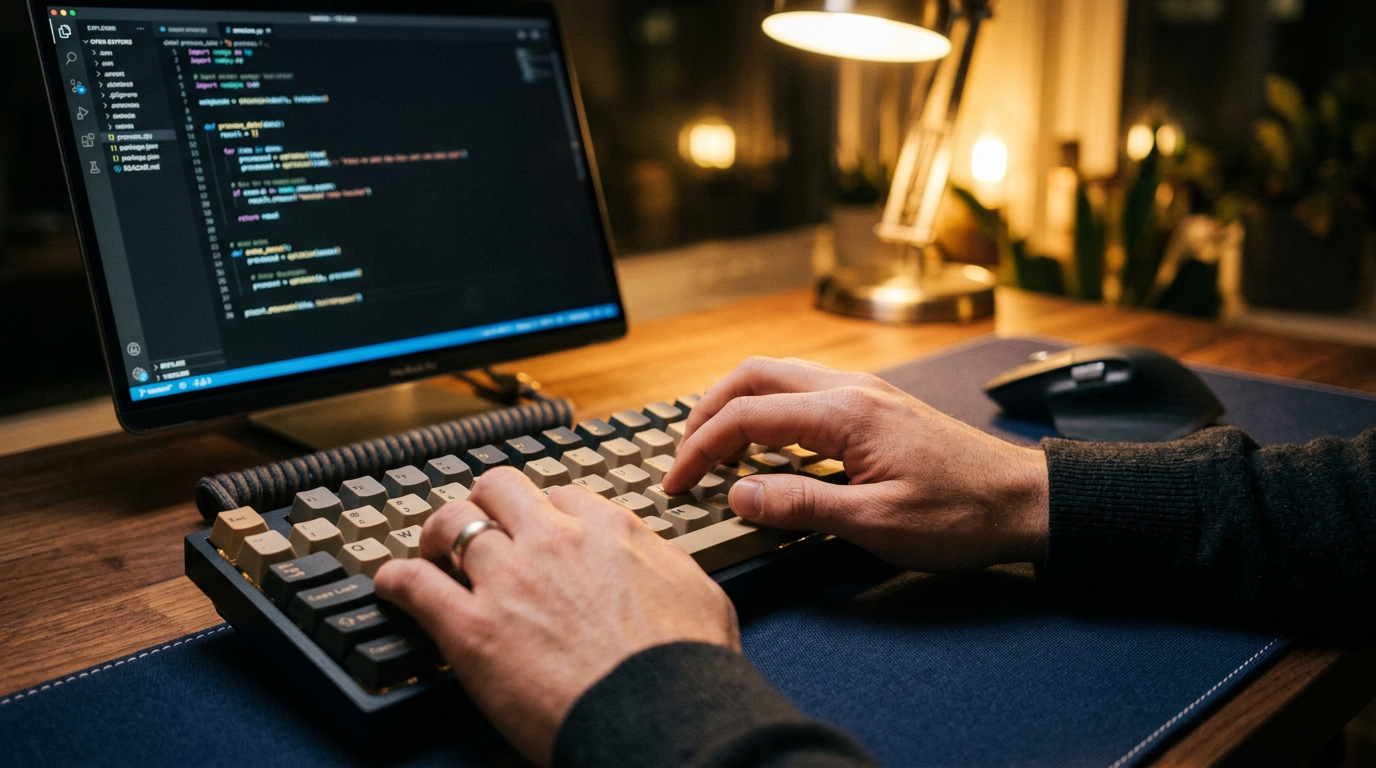 Mãos digitando em teclado mecânico com tela minimalista — estado de fluxo durante trabalho profundo