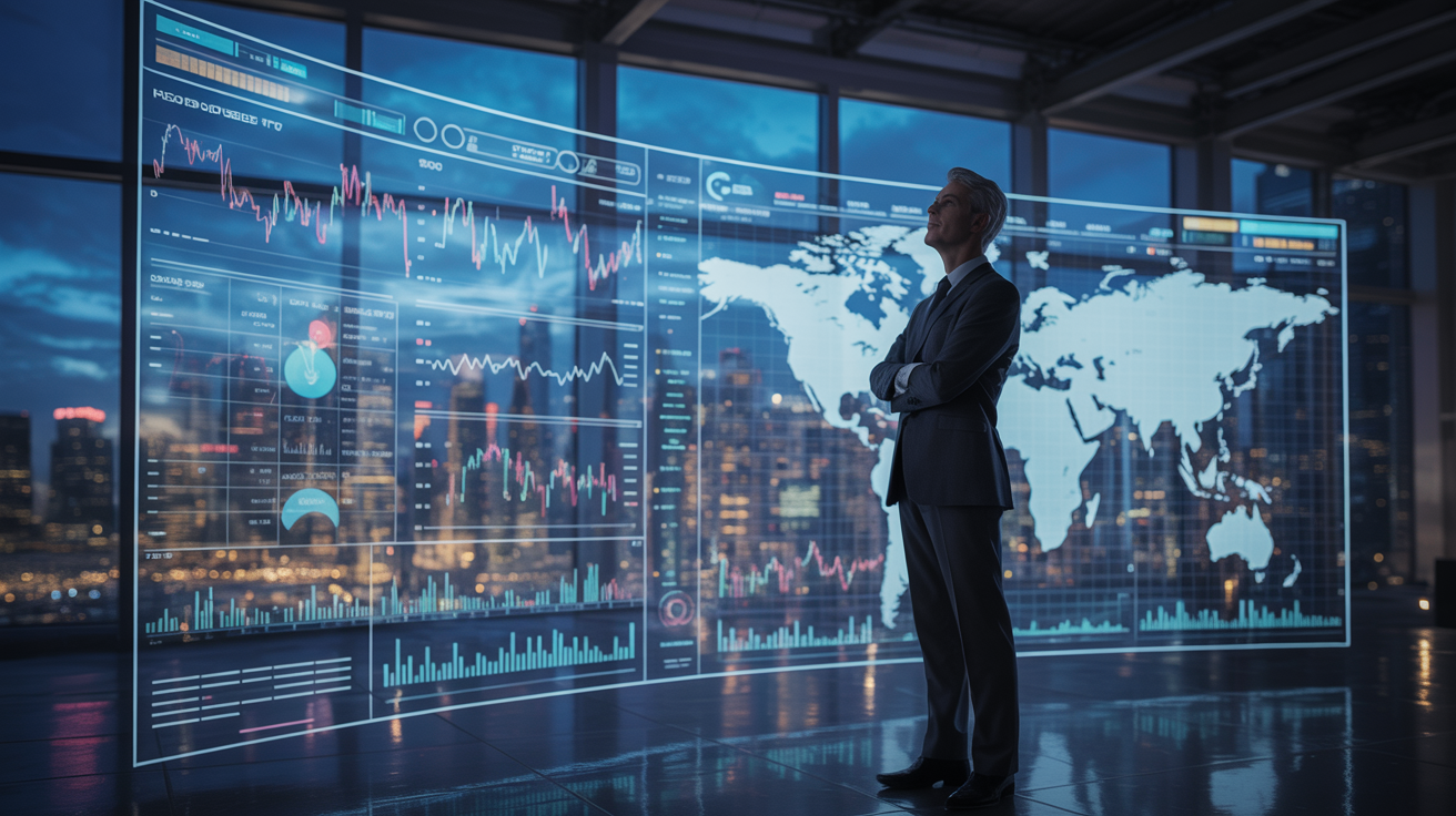 Ejecutivo contemplando dashboard financiero