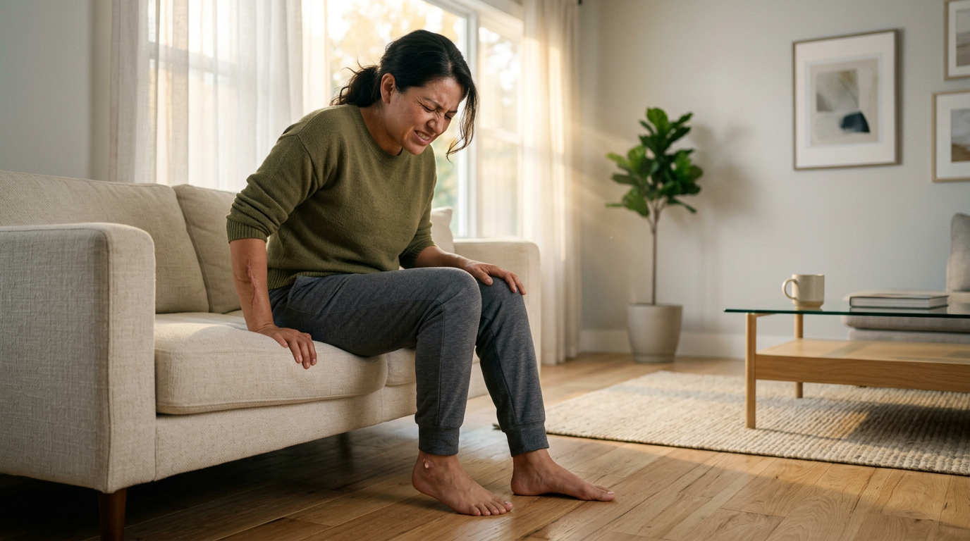 Hispanic female veteran in her mid-30s sitting on the edge of a couch grimacing while placing her bare foot on the hardwood floor during morning first-step heel pain