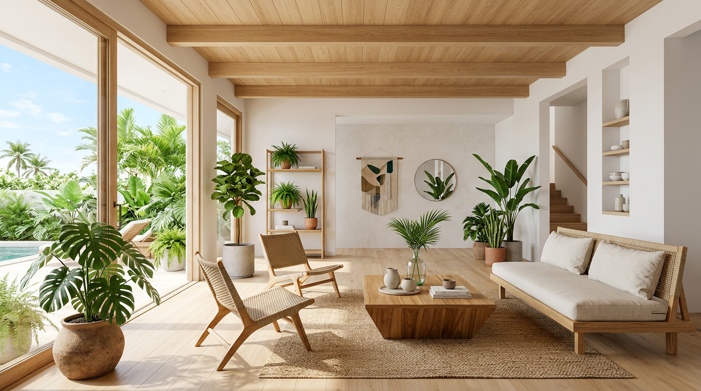 Tendências de decoração 2026 — minimalismo tropical